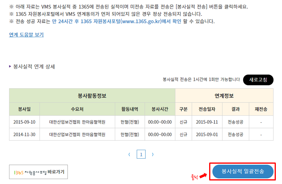 1365자원봉사포털 연계결과 조회 및 재전송
- 우측 하단의 [봉사실적 일괄전송] 클릭
※전송 성공 자료는 24시간 후 1365자원봉사포털에서 확인할 수 있습니다.
